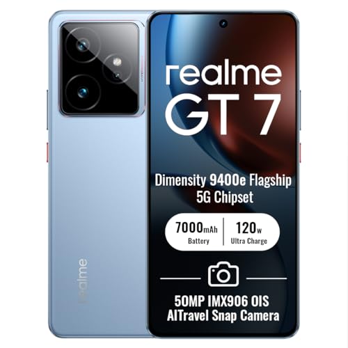 realme GT 7 5G Smartphone 12+256GB, Azul, Pantalla de 6.78 Pulgadas, Refresco de 120Hz, Carga Rápida de 120W, Batería de 7000mAh, Cámara de 50MP 2X, Chipset MediaTek Dimensity 9400e, IP69
