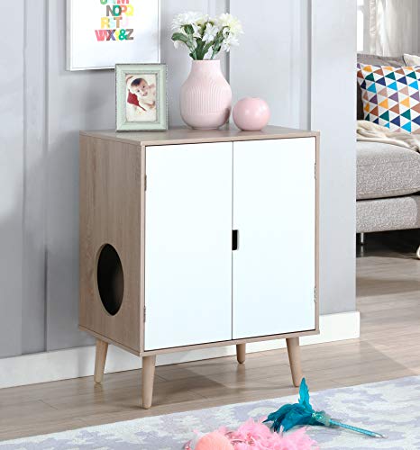 Penn-Plax Hidden Cat Litter Box Cabinet | Modern Enclosed Furniture for Indoor Cats | Grey Wooden Grain with White Doors (CATFF20)