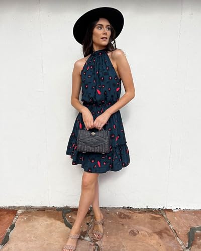 Image of BTFBM Women Halter Neck Summer Dresses 2025 Spring Casual Sleeveless Floral Polka Dot Ruffle Mini Boho Beach Sun Dress