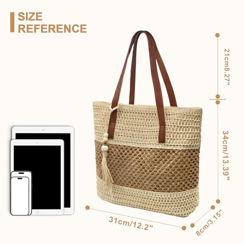 Image of Long Keeper Beach Bags for Women Summer Straw Bag with Zipper Woven Shoulder Handbag Beach Tote Bags for Travel Vacation
