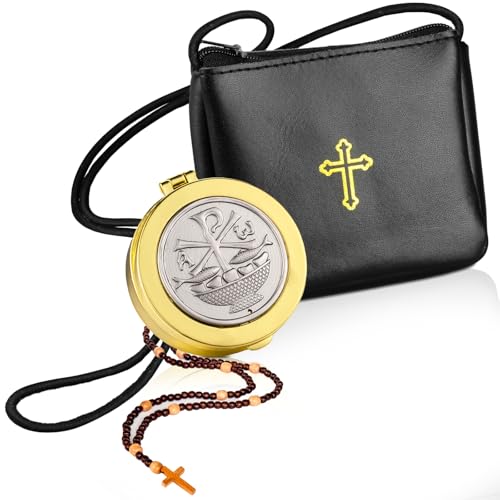 Huhumy 2 Pcs Leather Pyx for Communion Host Catholic with Cross Imprint Communion Pyx Container Catholic Rosary Pouch(Strap Style)