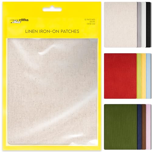 ZEFFFKA 12-Pack Linen Iron-on Patches Fabric Repair Kit for Clothing Shirts Pants Dresses Natural...