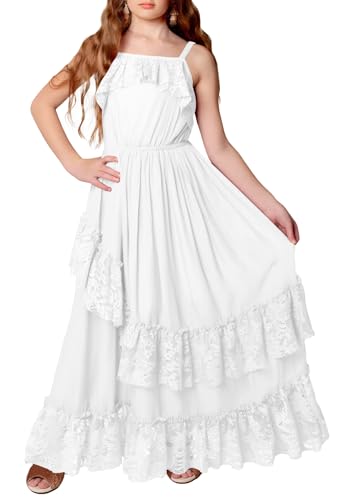 Mitilly Girls Boho Lace Flower Dresses Square Neck Sleeveless Ruffle Tiered Flowy Party Maxi Dress With Pockets 12 Years White cover