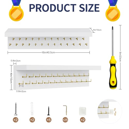 Image of Medal Holder Display Trophy Shelf Organizer, Sturdy Wooden Race Award Hanger Rack with 25 Steel Hooks, Wall Mount Storage Stand for Sports Fans, Cheer Success