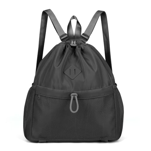 ALUSBELL Drawstring Backpack for Women, Water-Resistant String Backpack, Lightweight Gym Bag with Yoga Mat Strap Black