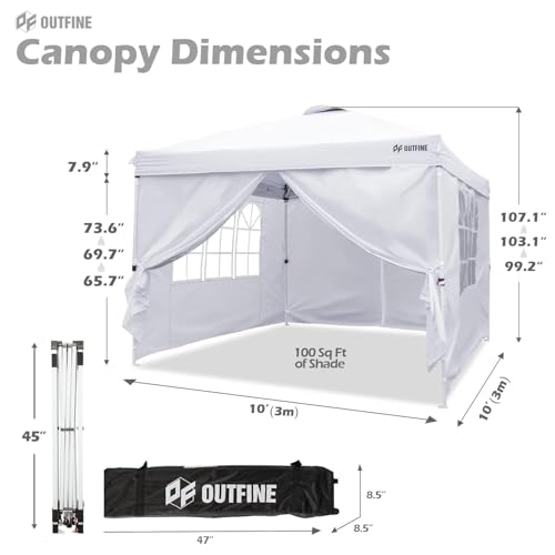 OUTFINE Canopy 10'x10' Pop Up Commercial Instant Gazebo Tent, Fully Waterproof, Outdoor Party Canopies with 4 Removable Sidewalls, Stakes x8, Ropes x4 (White, 10 * 10FT)