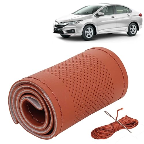 Image of KINGSWAY PU Leatherite Car Steering Cover Sewable Compatible with Honda City (Year 2014-2016), Tan Color with Tan Thread, Pack of 1 with Sewing Needle and Thread