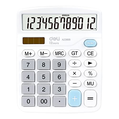 Deli Calculator, Standard Function Desktop Calculators with 12 Digit Large LCD Display and Sensitive Button, Solar Battery Dual Power Office Calculator, White