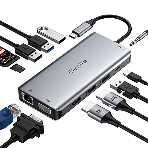 USB C Docking Station Triple Display USB C Hub mit Dual 4K HDMI, VGA, Ethernet RJ45, 4 USB Ports, 100 W PD und SD /TF Kartenleser, 3,5 mm AUX für Dell XPS , Lenovo Yoga, Huawei Surface MacBook Cover