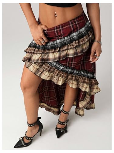 Verdusa Women's Tartan Plaid Maxi Skirt Layered Ruffle Asymmetrical Long Skirts4