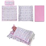Rakki Dolli 18 Inch Baby Doll Bedding Set, 4-PC Doll Bedding Accessories Includes Blanket/Comforter,Pillow, Sheet, 18.7”*11.4”Mattress, Purple Bunny Print