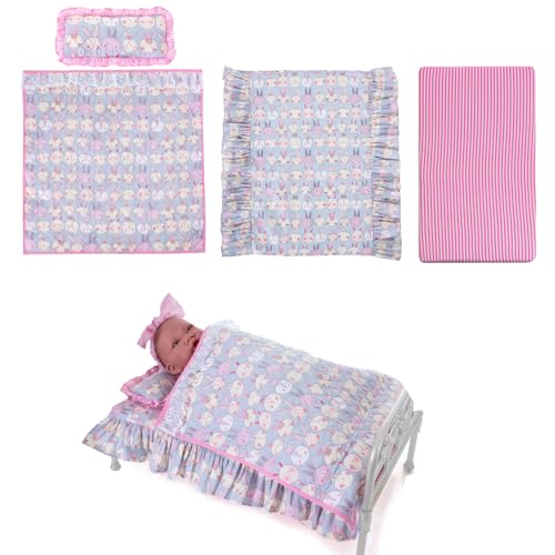 Rakki Dolli 18 Inch Baby Doll Bedding Set, 4-PC Doll Bedding Accessories Includes Blanket/Comforter,Pillow, Sheet, 18.7”*11.4”Mattress, Purple Bunny Print