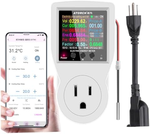 AC WiFi Watt Meter, Plug-in US Socket Power Meter, Electricity bill statistics,temperature control,Backlit Large Color Display, Overload Protection,Voltage AMP Tester, Electrical Energy Monitor Timer