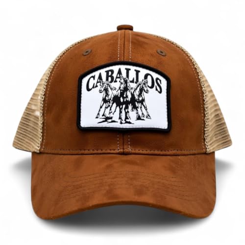 Image of Baseball Cap for Men Original Adjustable Unisex Cap, Mens Caps Stylish, Brown Suede Cap with Net Back, Structured 6 Panel Trucker Hat, Caballos
