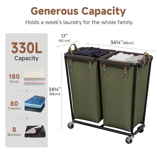 Image of StorageWorks 2 Section Laundry Hamper, 330L Extra Large Green Rolling Cart | 2 Section Laundry Hamper with Wheels, Green Rolling Sorter Cart for Bathroom, Hotel