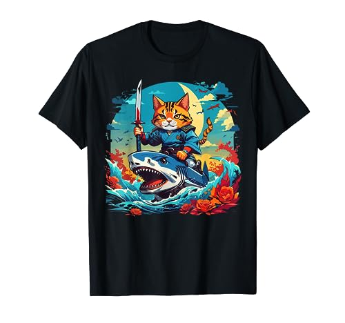 Funny Samurai Riding Shark Japanese Wave Cat Lover T-Shirt