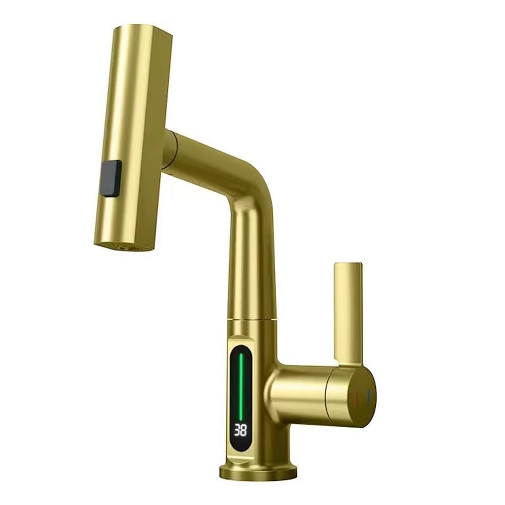 Jnfidosr Brushed Gold Waterfall Bathroom Faucet With Pull Down Sprayer,Faucets For Bathroom Sinks With Sprayer,Basin Vanity Faucet With Pull Out Spray Head