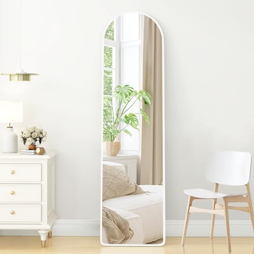 Espejo de cuerpo entero de 50 x 160 cm, de cuerpo entero, arco redondo, espejo de pie, con marco de aluminio blanco, sin distorsiones, espejo de pared grande para apoyarse o colgar, para dormitorio