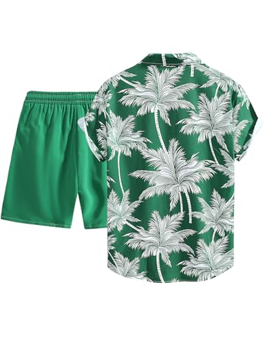 Image of Yimoon Men's Summer 2 Piece Outfits Tropical Print Short Sleeve Button Down Hawaiian Beach Shirt and Shorts Set