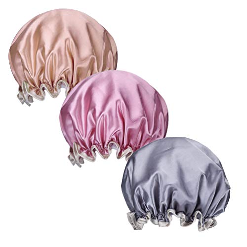 3 PACK Shower Caps for Women Girls, Satin Waterproof Double Layer Hat Hat with Premium Elastic Band, Washable Reusable Bath Caps