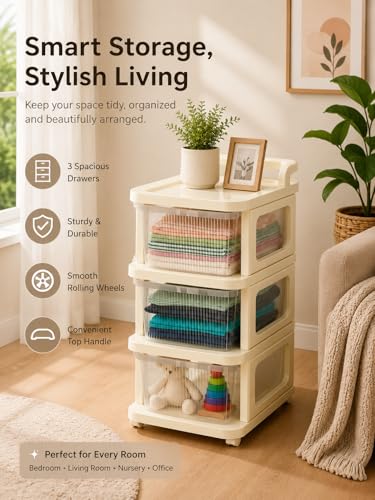 Image of URBAN LUXY Plastic Storage Drawer Organizer with Wheels | Multi-Purpose Chest of Drawers for Home, Office & Bedroom | Clothes, Toys & Stationery Organizer ((Ivory & Brown), 5 Layer)