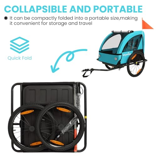 Image of Kids Bike Trailer, Suitable for 1 to 2 Children, Double Seat, Universal Coupler, Foldable, Canopy with Bug Screen and Weather Shield, with 5-Point Harness and Storage Bags