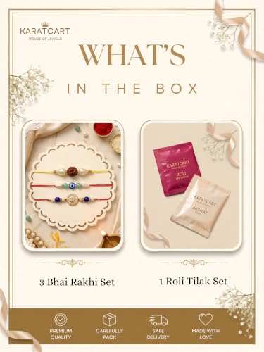 Image of Karatcart Rakhi for Brother Gold-Plated Kundan Rakhi Set of 3 with Roli Chawal