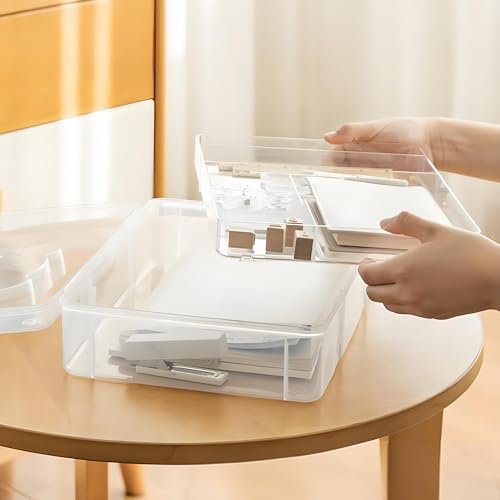 Image of Tosnail 12.8 inch x 9 inch Large 2 Tiers Plastic Craft Organizer Box Storage Container with Removable Tray, First Aid Carrying Case for Home, Office Supplies, Stationery, Sewing, Painting, Arts (Clear)