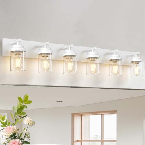 Image of IZORRO Bathroom Light Fixture White, Clear Glass Shade 46-Inch 6-Light
