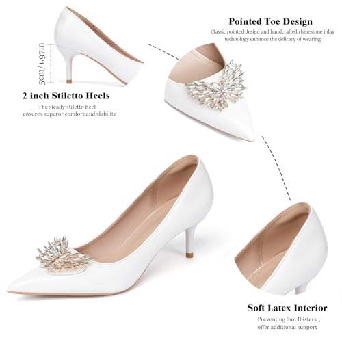 Kitten Heels for Women 2 Inch Pointed Toe Leather High Heels Comfortable Slip on Stiletto Pumps Rhinestone Bow Wedding Party Dress Shoes3
