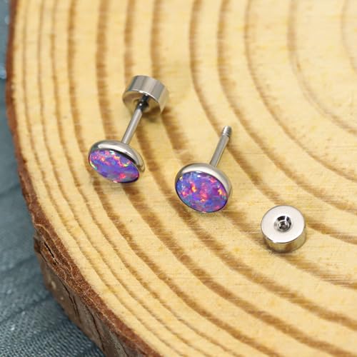 Opal Stud Earrings for Women G23 Titanium Hypoallergenic Earrings Round Flat Back Ear Studs Minimalist Everyday Earring 3MM/4MM/5MM Available4