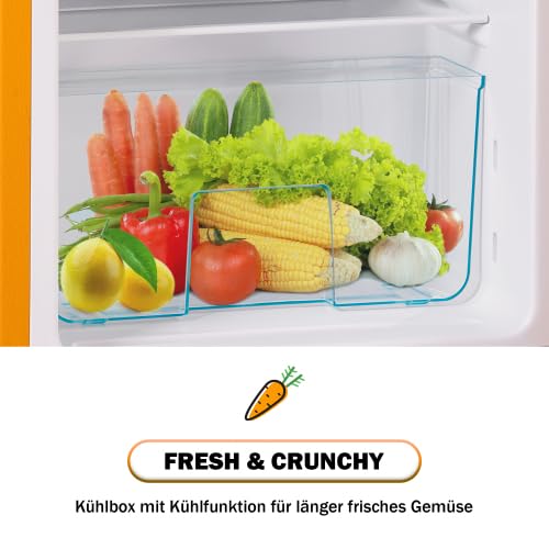 Merax Retro Kühlschrank mit Gefrierfach – Kleiner Mini Kühlschrank, 60L Gesamtvolumen, 22L Gefrierfach, 38L Kühlfach, 7 Temperaturstufen, Energieeffizienzklasse E, LED-Licht, Kompakt und Gelb