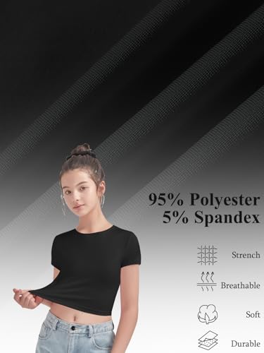 EXARUS 3 Pack Girls Cropped Slim Fit T Shirts Short Sleeve Soft Basic Crew/Mock/Square Neck Tees Side Waist Ruched Tops3