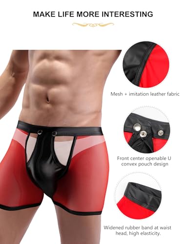 ohmydear Men Sexy Boxer Briefs See Through Mesh Underwear Funny Button Faux Leather Removable Pouch Breathable Underpants4