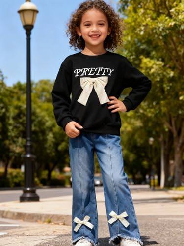 Image of Kids Toddler Girl Long Sleeve Bow Sweatshirt & Denim Straight Leg Jeans Pants Fall Winter Outfits Set