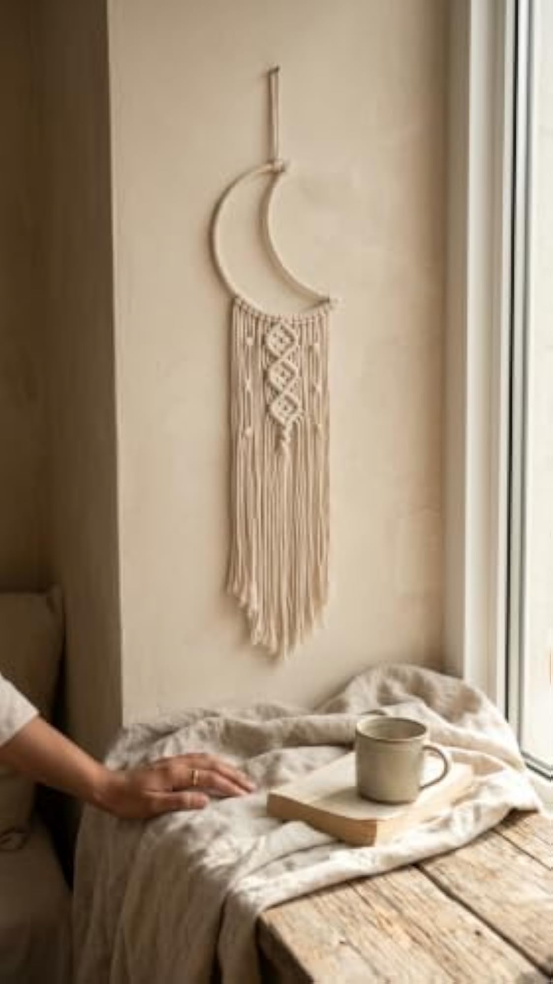 Handmade Macrame Moon Dreamcatcher Wall Hanging, Off White Decor
