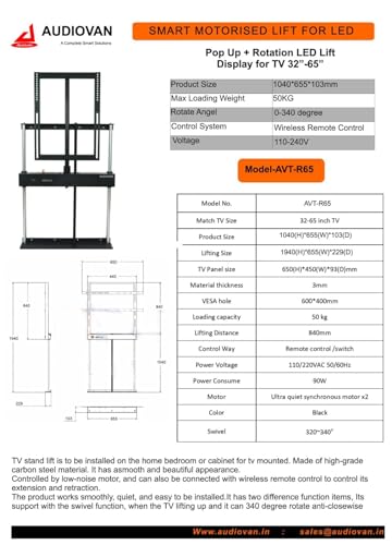 Image of Audiovan 180 Degree Tv Lift Popup Rotation with Remote and Switch Control Tv Lift 180 Degree Led Screen Fit 32-65 Inches Motorized Tv Revolving Bracket (Motorized Rotation)