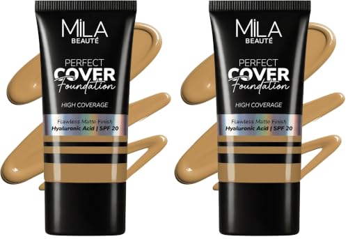 Image of Mila Beaute Perfect Cover Foundation with Hyaluronic Acid & SPF 20 | High Coverage & Flawless Matte Finish | Super Hydrating & Lightweight Formula | Suitable for All Skin Types - 8 Honey (Pack of 2)