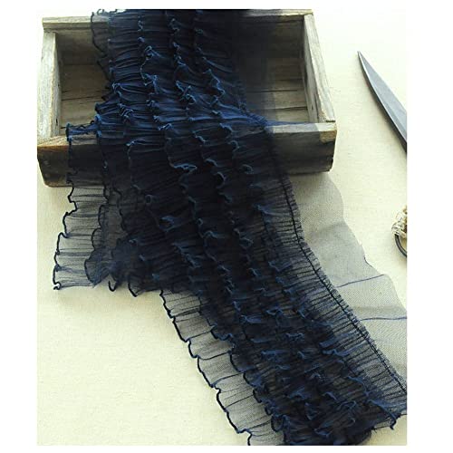 SHTGOI Cinta de gasa plisada de 1 metro de 5 capas, con volantes, tul, encaje de gasa, hecho a mano, para vestido, cuello, puños, costura, manualidades, apliques, color azul oscuro