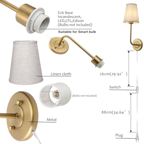 Image of Pathson Set of 2 Plug in Fabric Wall Sconce Linen Cloth Shade, 1-Light Vintage Wall Light Fixture for Living Room Bedroom