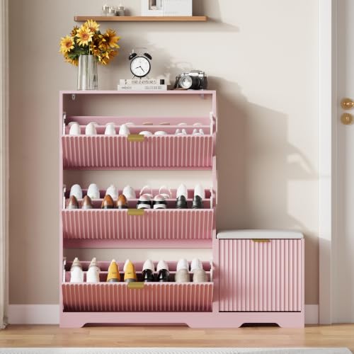 Image of HUANLEGO Shoe Cabinet Storage for Entryway with Flip Drawer & Bench, Pink | Fluted Shoe Cabinet with Bench, Hidden Shoe Rack for Entryway, Freestanding Narrow Shoe Organizer for Hallway, Entrance