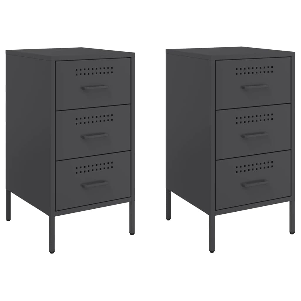 Table de chevet noire industrielle anti-désordre avec 3 tiroirs en acier lot de 2