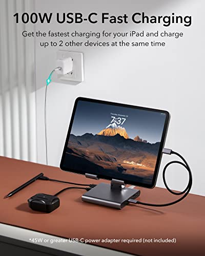 Image of ESR 8-in-1 Portable Stand Hub, USB C Hub with Adjustable Stand, 100W PD Charging, 2 USB 3.0 Ports, 4K HDMI, 3.5-mm Jack, SD /microSD Card Slots, Compatible with iPad 10, iPad Pro, and Other USB-C iPads