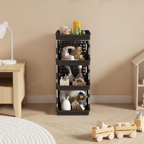 Lifewit Plastic Stackable Storage Baskets, 4 Tier Stacking Bins 13.8"D x 11.8"W x 28.3"H, Large Capacity Multi-Functional Containers Shelves for Pantry, Playroom, Kitchen and Bedroom, 1 Pack, Black - Image 3