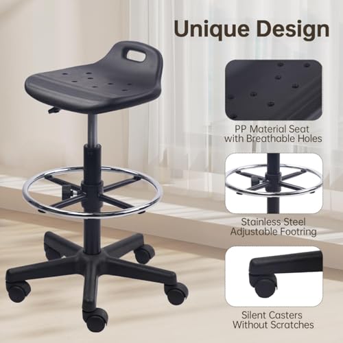 KLASIKA Adjustable Height Drafting Rolling Stool with Foot Rest Breathable Seat Cushion Swivel Chair, Multi-Purpose Work Stools for Nail Salon Office Bar Lab Counter Barber Kitchen Shop Black, 1PK - Thumbnail 7