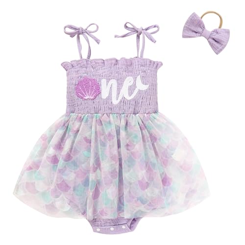 TITKKOP Baby Girl 1st Birthday Clothes One Year Old Tulle Romper Sleeveless Bodysuit Cake Smash Outfits(mermaid 9-12M)