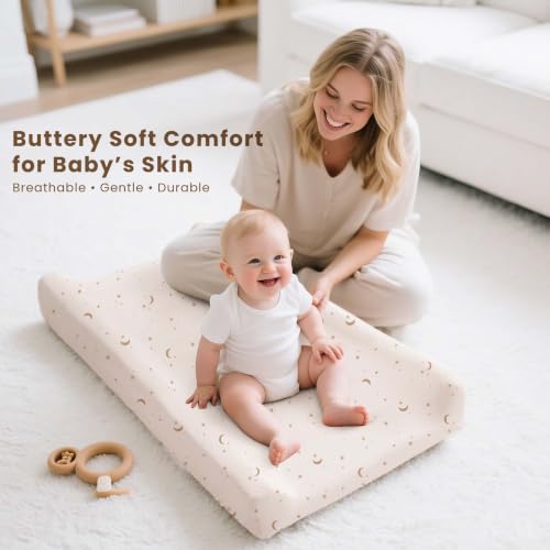 Image of Konssy 3 Pack Stretchy Changing Pad Covers, 32 inchx16 inch Changing Table Sheets | Silky Soft & Breathable Fabric, 360 Full Elastic Fit, Floral Printed & Solid Designs, for Baby Girls & Boys (Coffee Check)