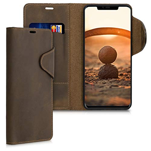 kalibri Case Compatible with Huawei Mate 20 Pro - Genuine Leather Book Style Protective Cover with Card Slot - Brown