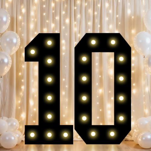 Image of Pooqla 10th Birthday Decorations for Boys, 2.4FT Light Up Numbers | Marquee Numbers Black Party Decorations, Large Lighted Number Gifts for Boys 10th Anniversary Decoration Party Backdrop
