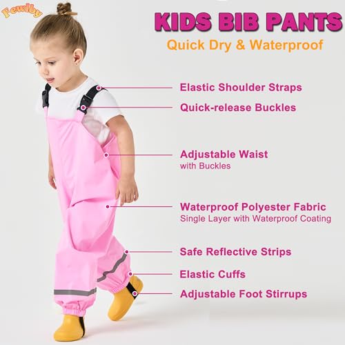 Image of Fewlby Kids Rain Bib Pants, Toddlers Waterproof Suspender Dirty Proof Rain Wear for Boys and Girls